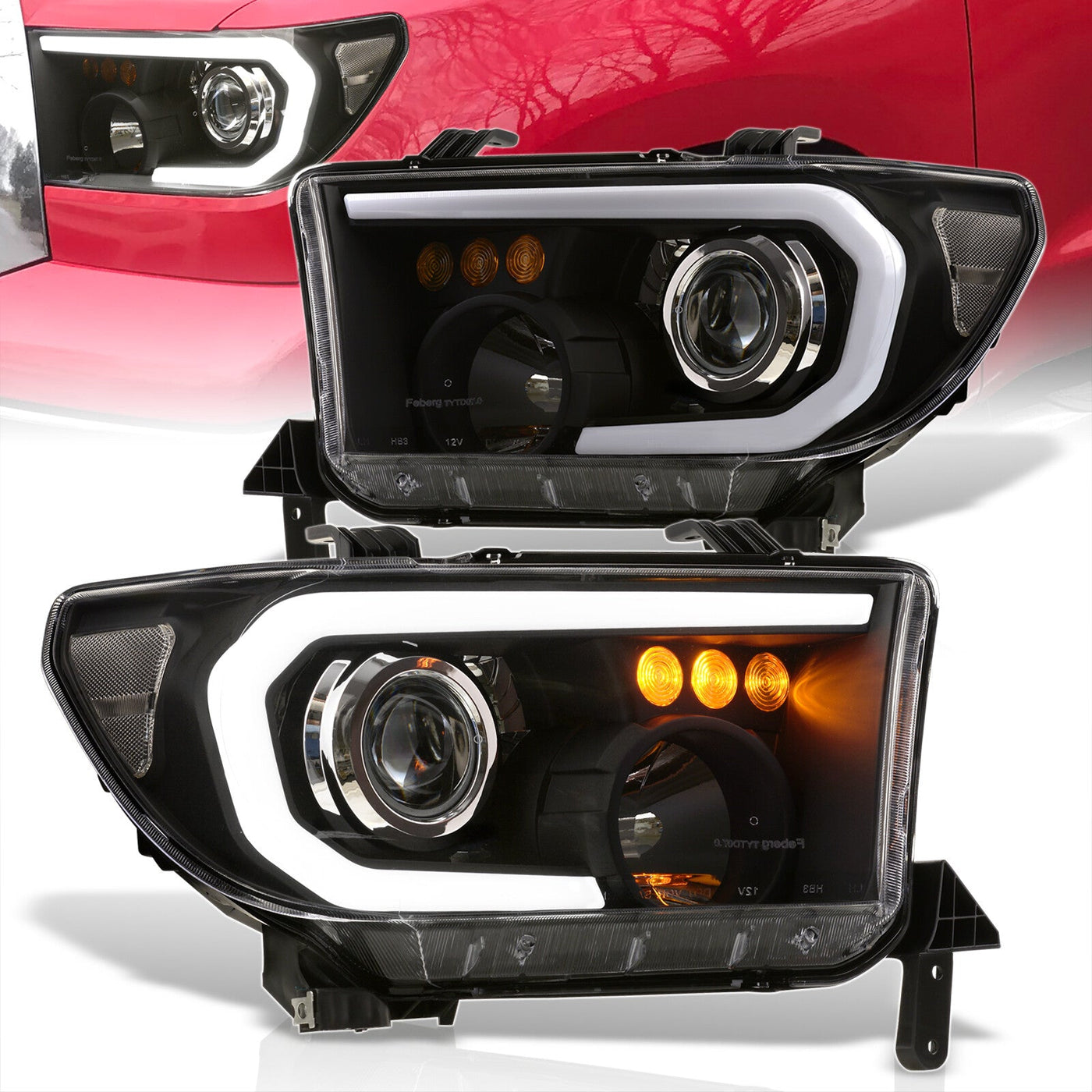 Toyota Tundra 2007-2013 / Sequoia 2008-2017 LED DRL Bar Projector Headlights Black Housing Clear Len Clear Reflector