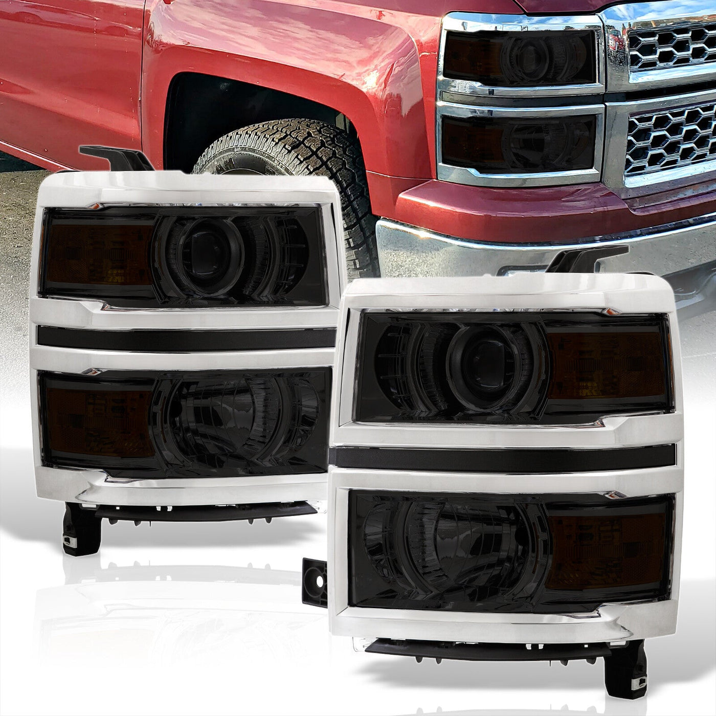 Chevrolet Silverado 1500 2014-2015 Factory Style Projector Headlights Chrome Housing Smoke Len Amber Reflector