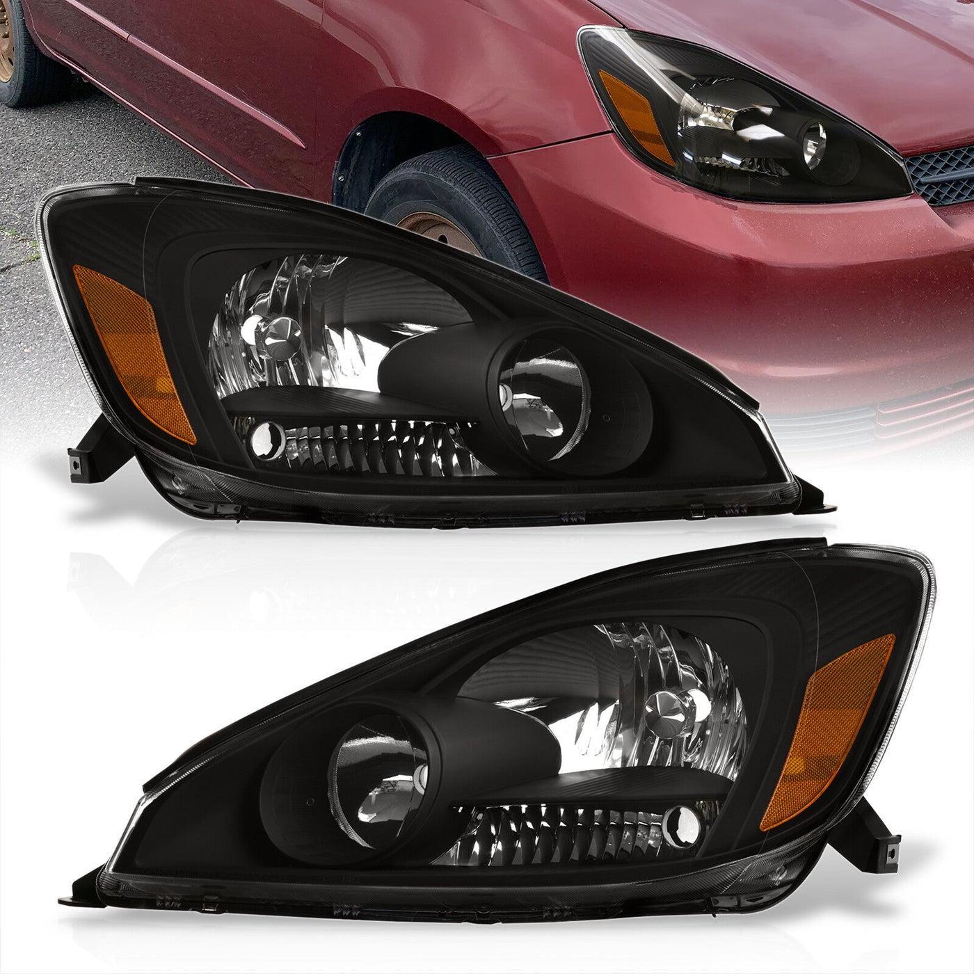 Toyota Sienna 2004-2005 Factory Style Headlights Black Housing Clear Len Amber Reflector (Halogen Models Only)