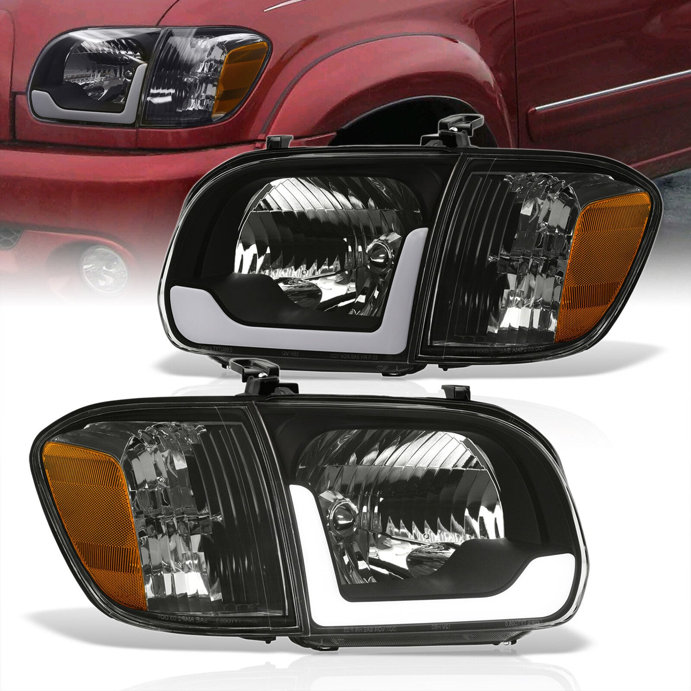 Toyota Tundra (Double Cab / 4 Door Models Only) 2005-2006 / Sequoia 2005-2007 LED DRL Bar Factory Style Headlights + Corners Black Housing Clear Len Amber Reflector