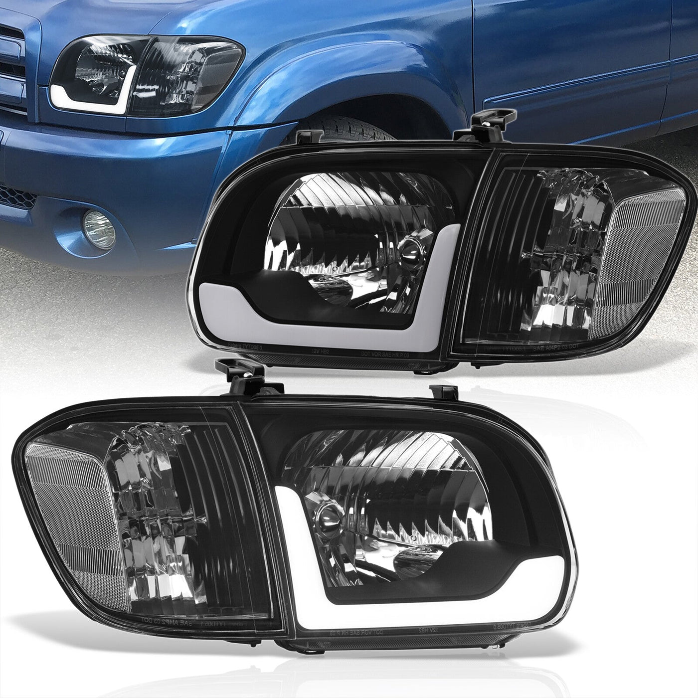 Toyota Tundra (Double Cab / 4 Door Models Only) 2005-2006 / Sequoia 2005-2007 LED DRL Bar Factory Style Headlights + Corners Black Housing Clear Len Clear Reflector