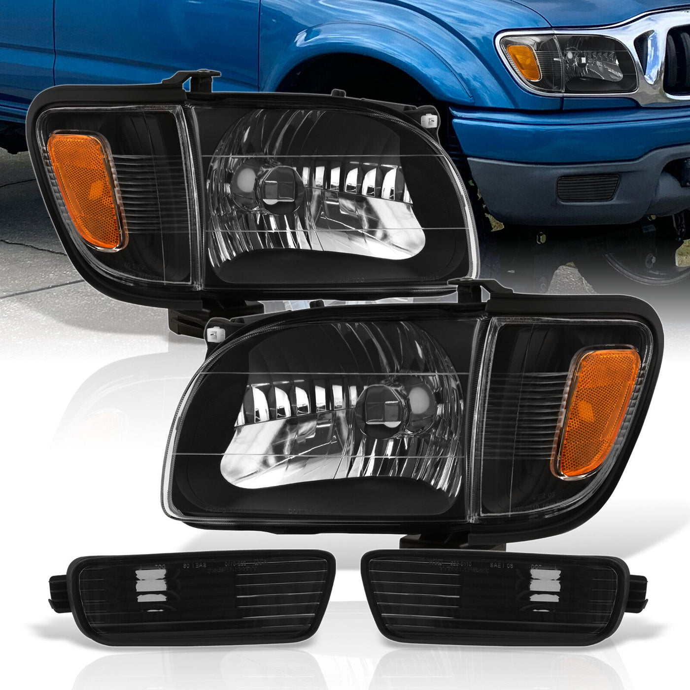 Toyota Tacoma 2001-2004 Factory Style Headlights + Bumpers + Corners Black Housing Clear Len Amber Reflector