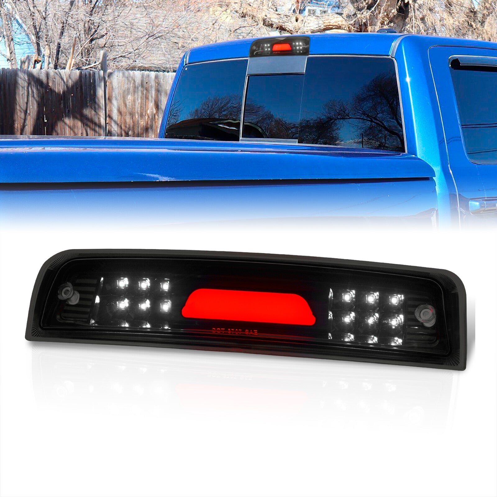 Dodge Ram 1500 2009-2010 / Dodge Ram 2500 3500 2010 / RAM 1500 2500 3500 2011-2018 LED Bar 3rd Brake Light Black Housing Smoke Len (Version 2)