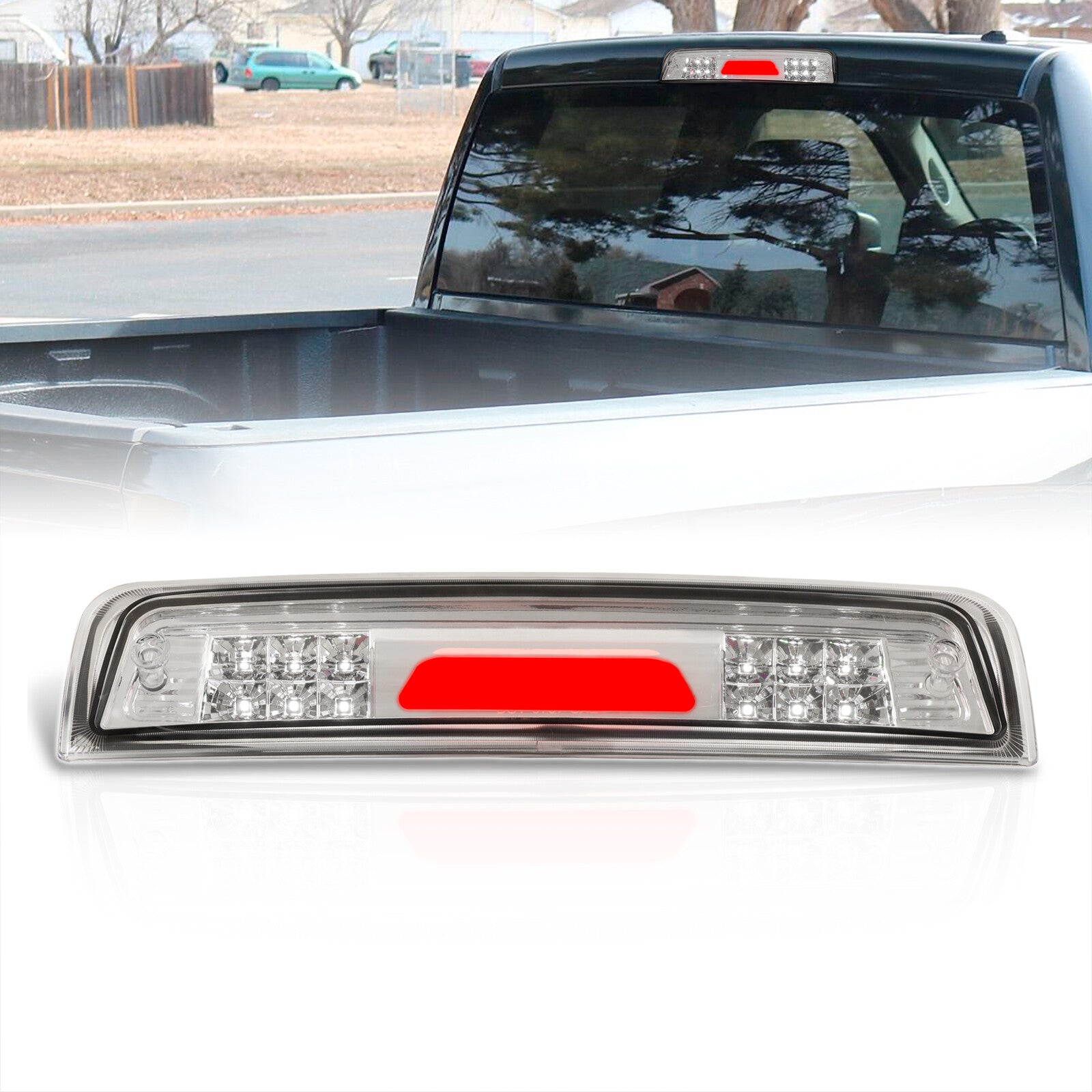 Dodge Ram 1500 2009-2010 / Dodge Ram 2500 3500 2010 / RAM 1500 2500 3500 2011-2018 LED Bar 3rd Brake Light Chrome Housing Clear Len (Version 2)