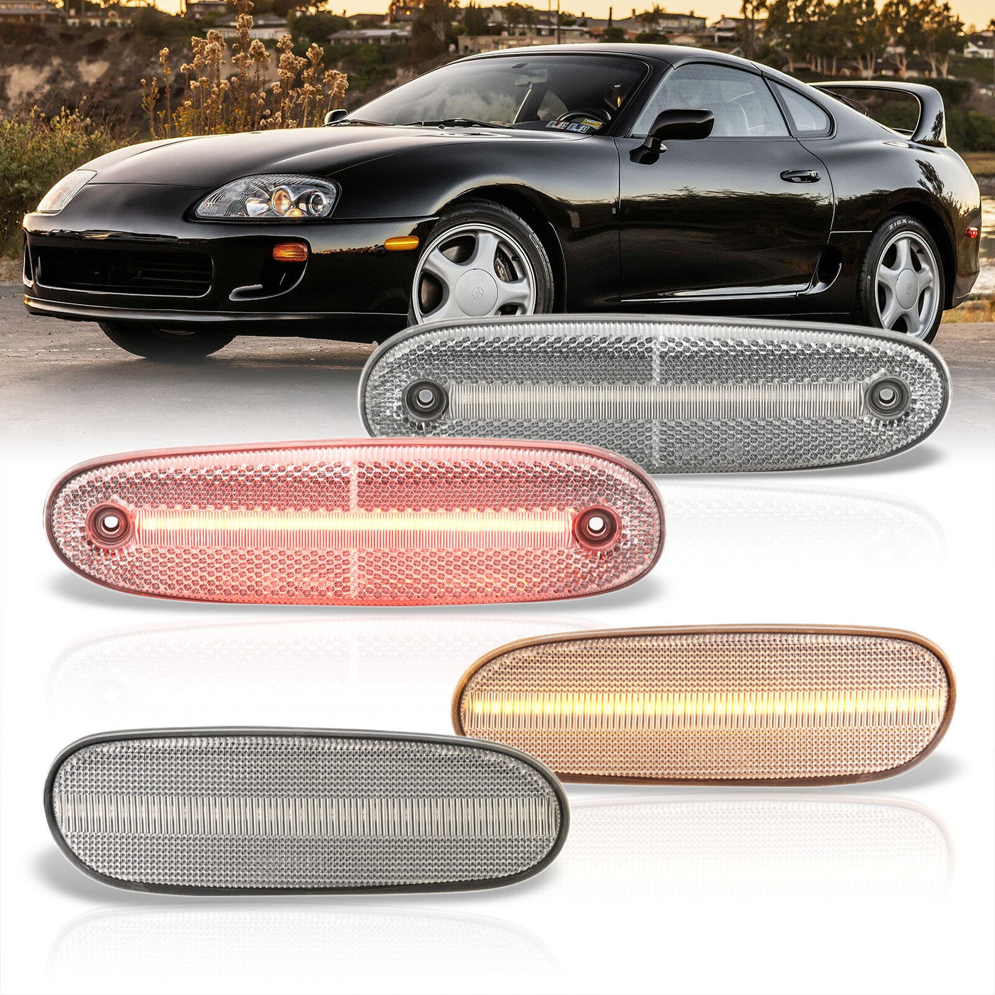 Toyota Supra MK4 1993-1998 4 Piece Front Amber & Rear Red LED Side Marker Lights Clear Len