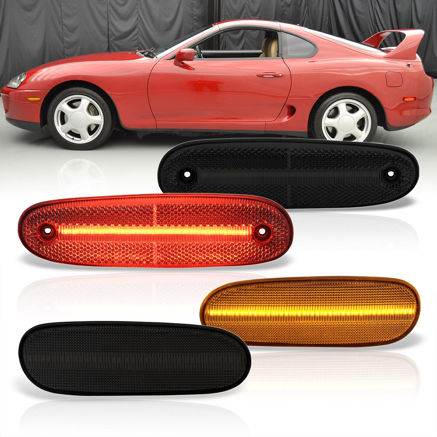 Toyota Supra MK4 1993-1998 4 Piece Front Amber & Rear Red LED Side Marker Lights Smoke Len