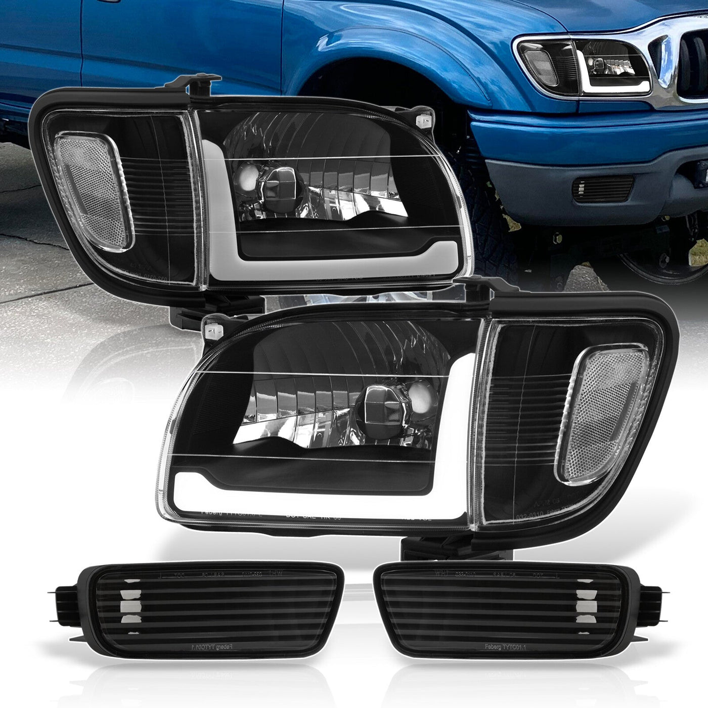 Toyota Tacoma 2001-2004 LED DRL Bar Factory Style Headlights + Corners Black Housing Clear Len Clear Reflector